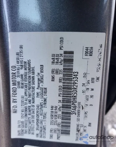 2013 Ford Fusion Se z USA, uszkodzony, nr VIN 3FA6P0HR5DR295343